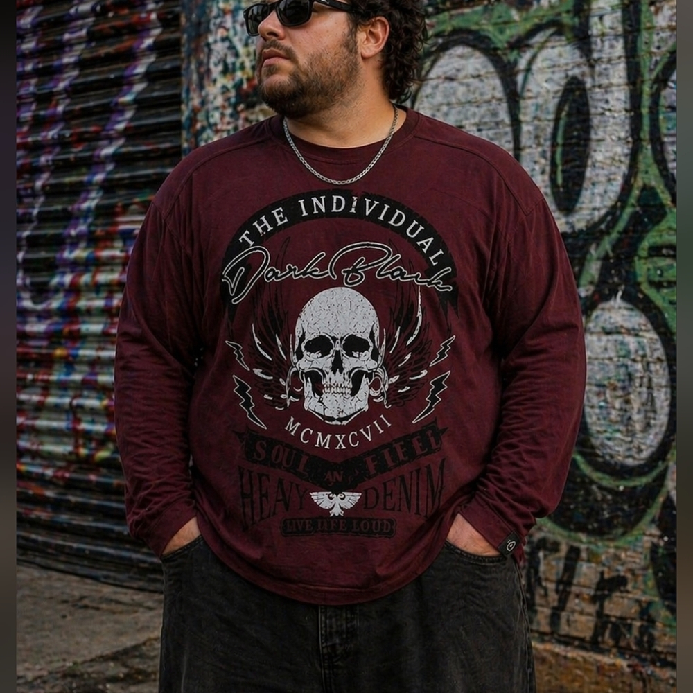 Dark Black Maroon Graphic Long Sleeve Shirt Size XXL Skull Print Streetwear